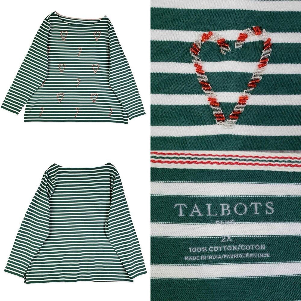 Talbots Shirt Women’s Plus Size 2X Striped Green Christmas Candy Cane New